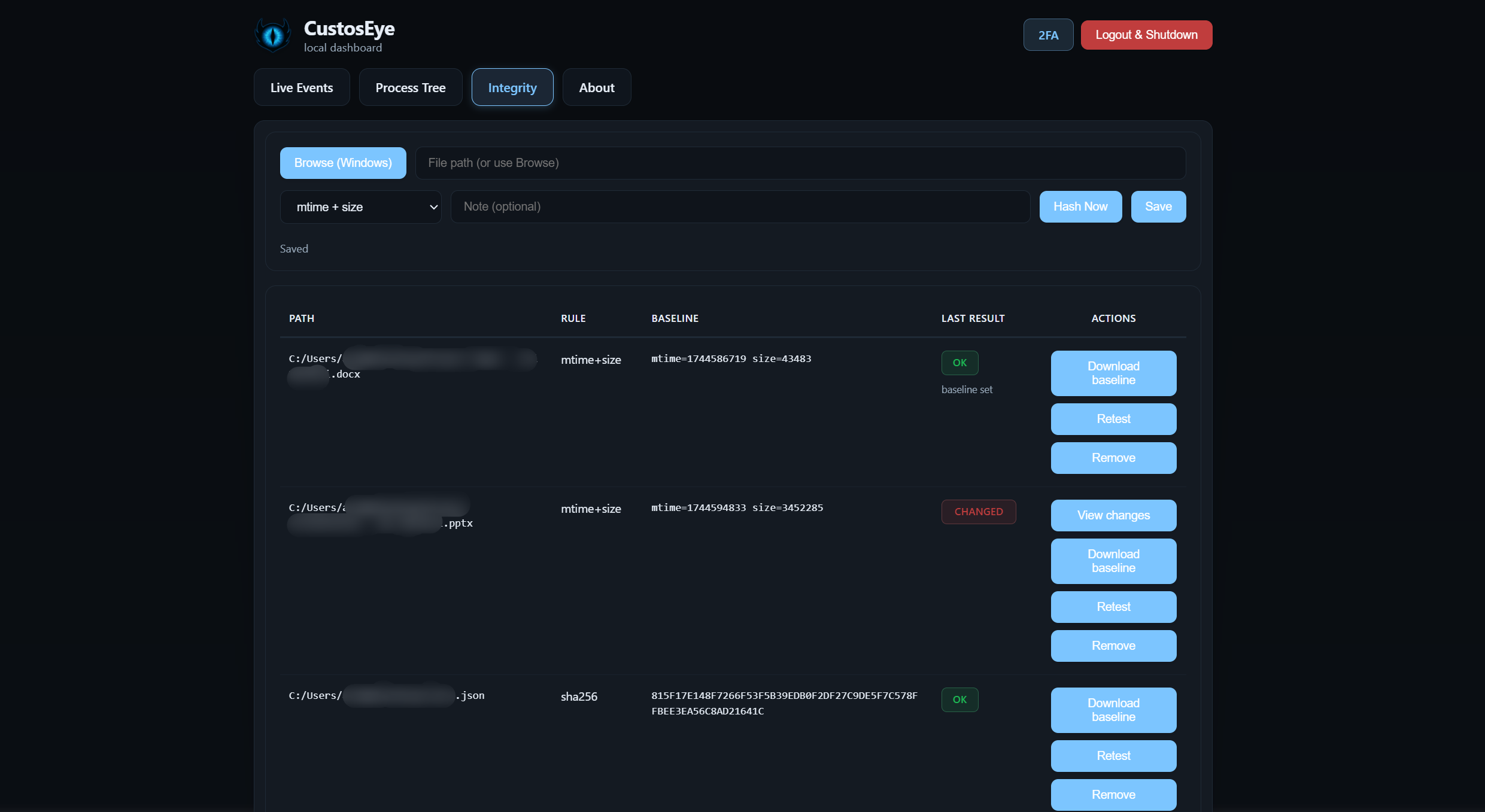 Integrity tab showing monitored files and change detection