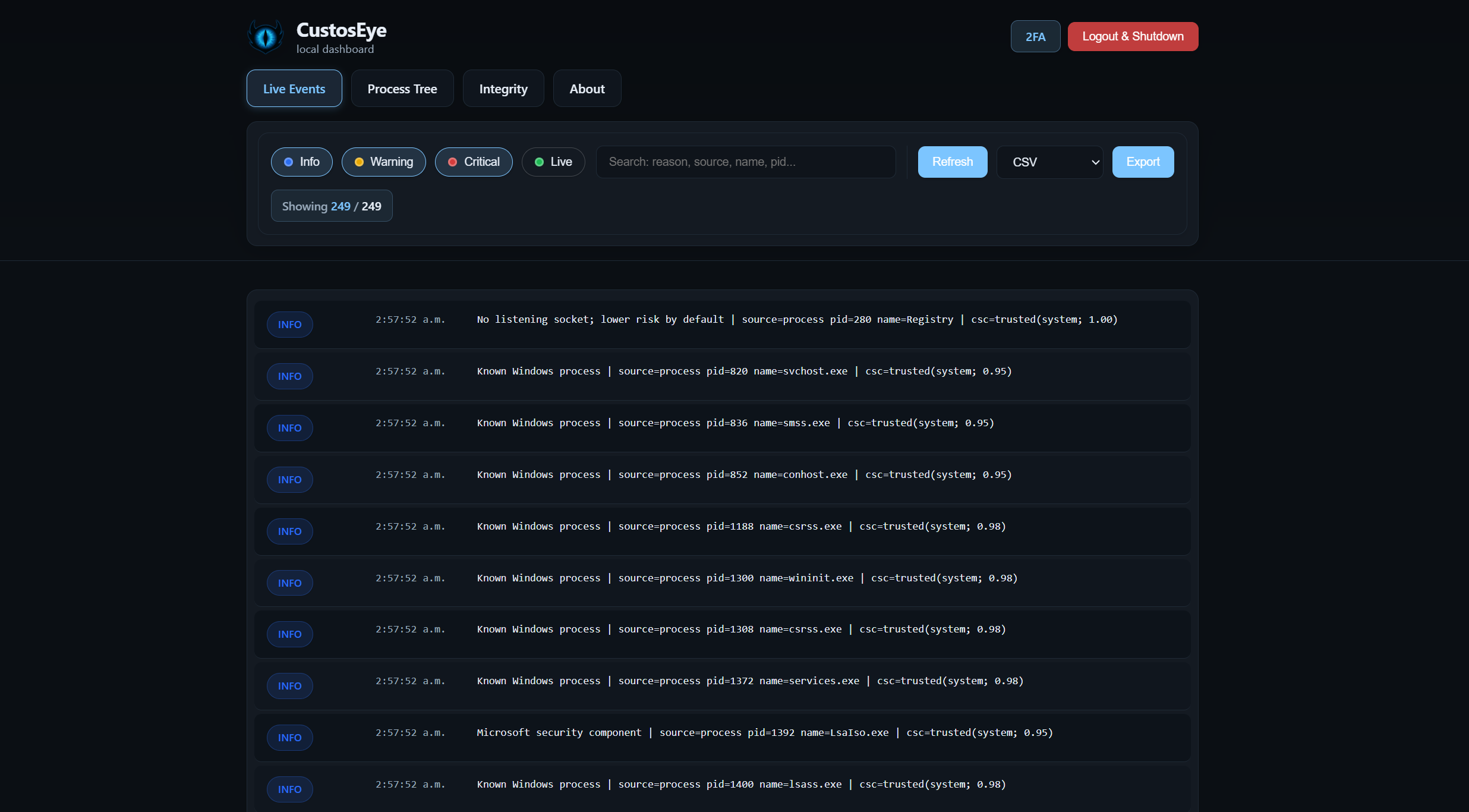 Live Events tab showing filtered events with Info/Warning/Critical levels